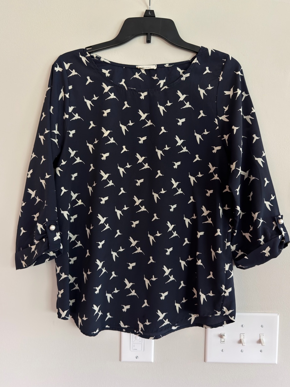 Everly Navy Blouse with White Bird Motif